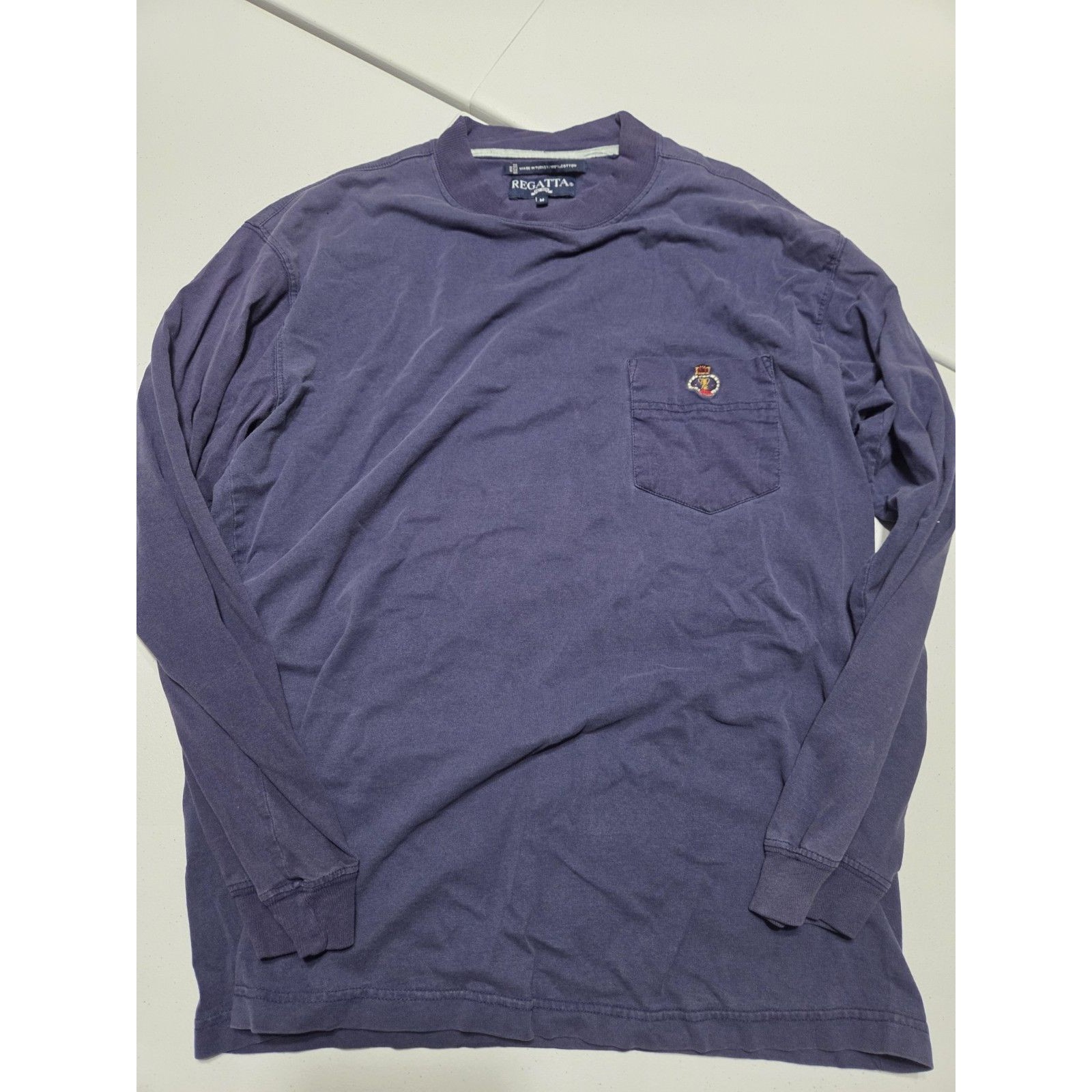 Regatta Shirt Mens Medium M Blue Long Sleeve Pocket Vintage Embroidered